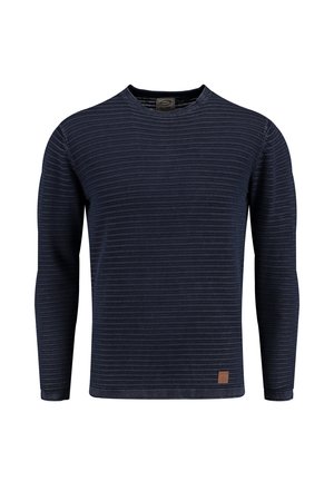 Camicia a maniche lunghe blu navy con righe orizzontali, collo rotondo e tessuto testurizzato. Presenta una toppa con logo marrone vicino all'orlo.