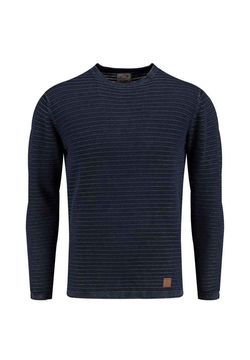 Marineblaues Langarmshirt mit horizontalen Streifen, Rundhalsausschnitt und strukturiertem Stoff. Mit einem braunen Logopatch in der Nähe des Saums.