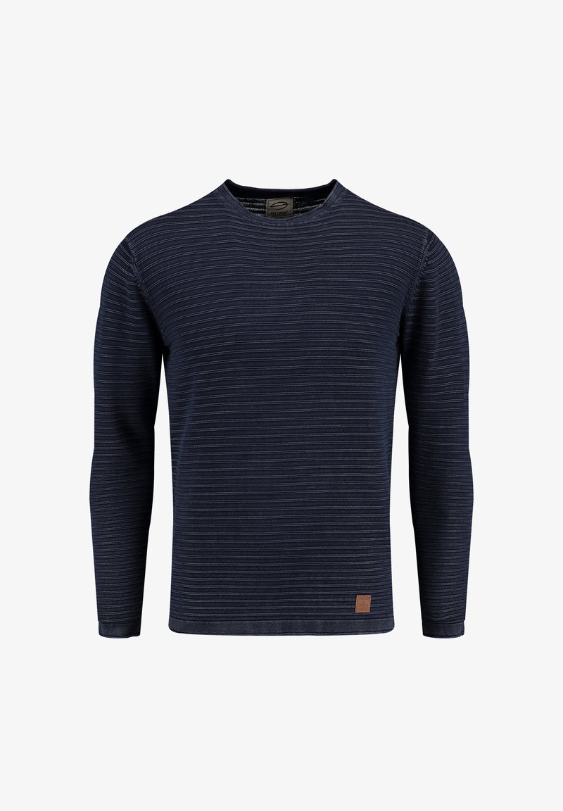 Marineblaues Langarmshirt mit horizontalen Streifen, Rundhalsausschnitt und strukturiertem Stoff. Mit einem braunen Logopatch in der Nähe des Saums.