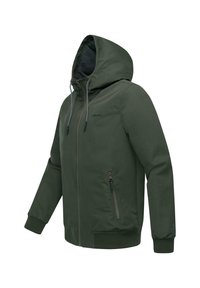 Donkergroene capuchonjack met een voorkant met rits, zijzakken, geribde manchetten en een gladde buitenkant met koordaccenten.