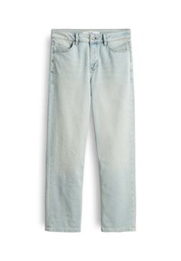 Hellblaue Jeans mit geradem Bein, ausgestattet mit einem klassischen Fünf-Taschen-Design und kontrastierenden Nähten.