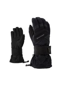 Gants isolants noirs avec des sections rembourrées, des sangles de poignet réglables et des poignets élastiques. Paume et doigts renforcés avec un grip texturé.