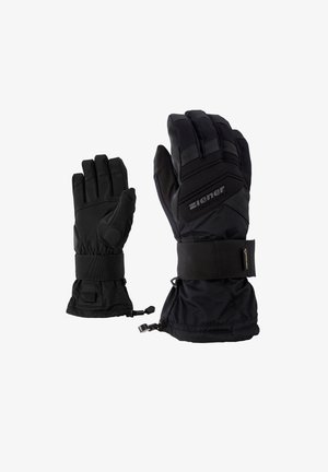 Guantes aislantes negros con secciones acolchadas, correas ajustables en la muñeca y puños elásticos. Palma y dedos reforzados con un grip texturizado.