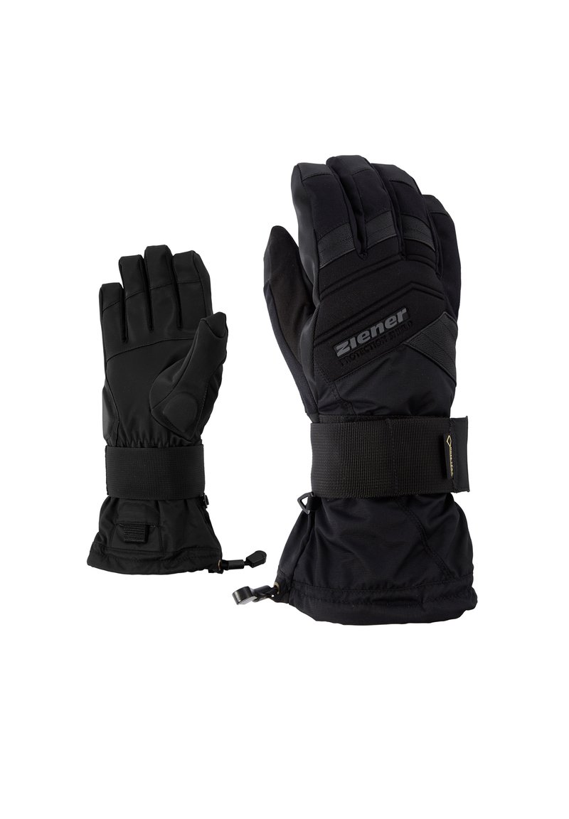 Gants isolants noirs avec des sections rembourrées, des sangles de poignet réglables et des poignets élastiques. Paume et doigts renforcés avec un grip texturé.