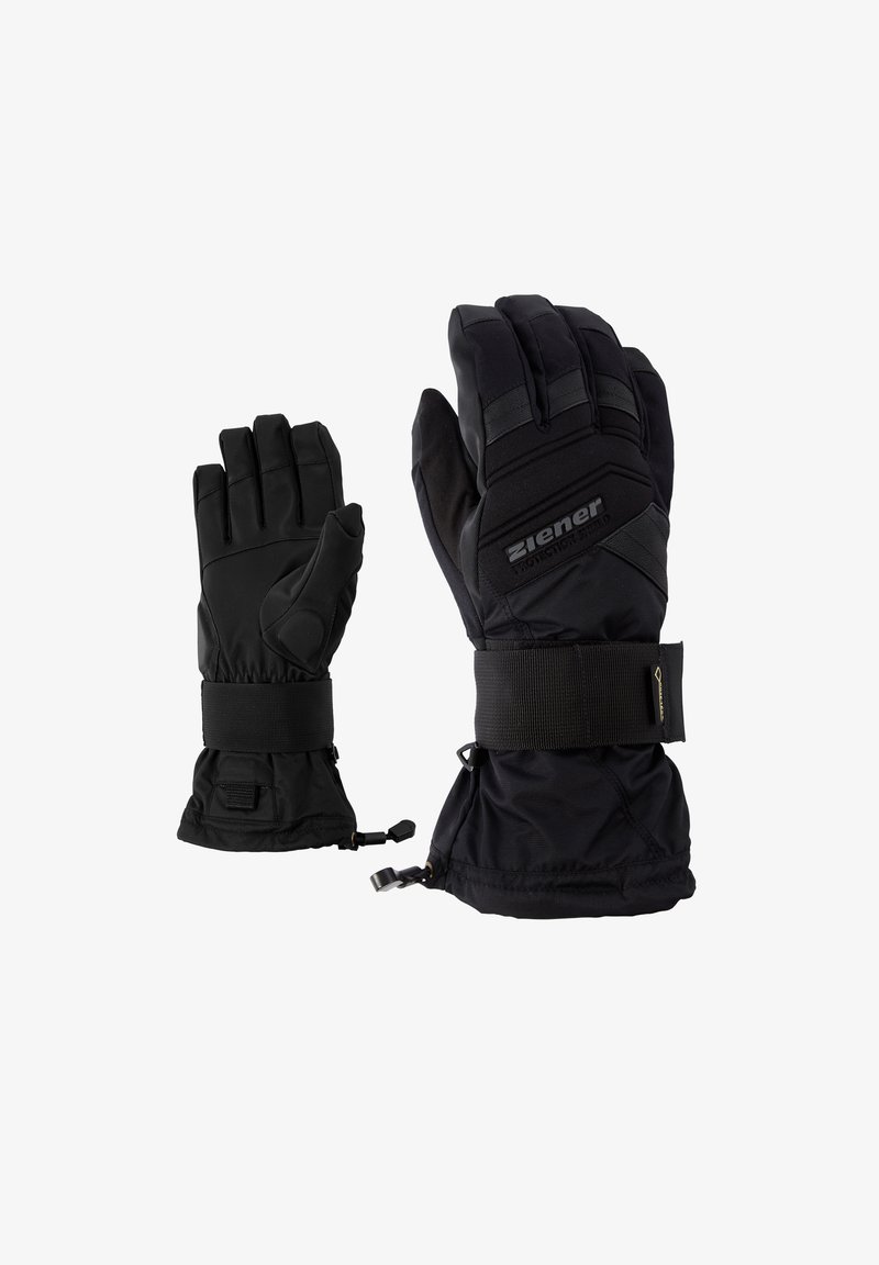 Black insulated gloves with padded sections, adjustable wrist straps, and elastic cuffs. Reinforced palm and fingers with textured grip.