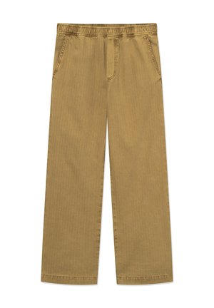 Gaiši brūnas bikses ar platām kājām, elastīgu jostasvietu, divām sānu kabatām un gludu tekstūru. Ir smalks vertikāls svītru raksts.