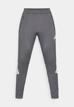 Pantalon de sport gris à coupe fuselée. Comprend deux poches latérales zippées et un logo blanc sur la cuisse et le mollet gauche. Texture lisse.