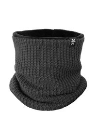 Gray knitted neck gaiter with a ribbed texture and soft interior lining, featuring a small black logo tag on the side.