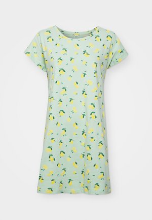 Svetlozelené krátke šaty s krátkym rukávom vyrobené z mäkkého bavlneného materiálu, s vzorom žltých citrónov a zelených listov. Klasický okrúhly výstrih a voľný strih.
