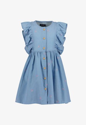 Lyseblå kjole med flæseærmer, træknapper og broderede regnbuemønstre over det hele. A-formet med en rynket nederdel.