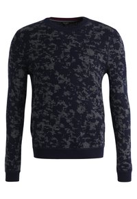 Marineblauer Pullover mit abstraktem grauem Muster, rundem Ausschnitt, langen Ärmeln sowie gerippten Bündchen und Saum. Hergestellt aus weichem, strukturiertem Stoff.