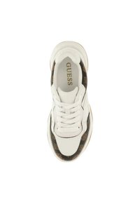 Sneaker bianco con una tomaia in pelle liscia e un lato in tessuto a motivo, punta tonda e design con laccetti. Accentuata da una suola beige.