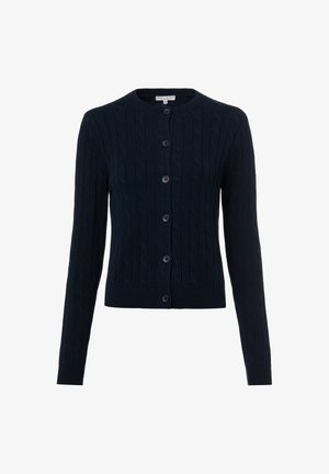 Marineblauwe gebreide cardigan met lange mouwen, voorzien van een ronde hals en zes knopen aan de voorkant. Geheel in een gestructureerd kabelpatroon.