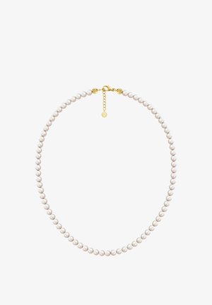 Perlų kaklo papuošalas su blizgiais baltais karoliukais, apvalios formos, auksine sagtimi ir reguliuojama grandinėlė su mažąja pakabuku, suteikiančiu papildomą detales.