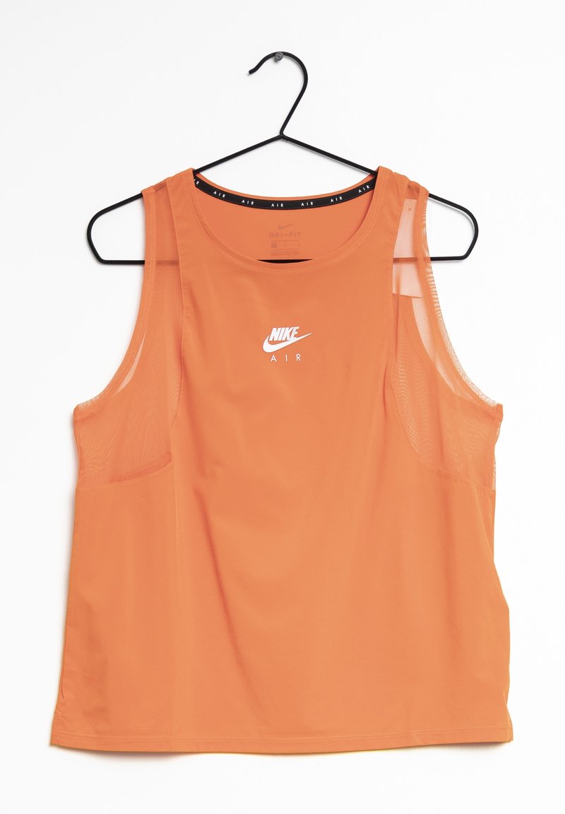 Pomarańczowy bezrękawnik sportowy Nike Air Dri-Fit wiszący na czarnym wieszaku na białym tle.