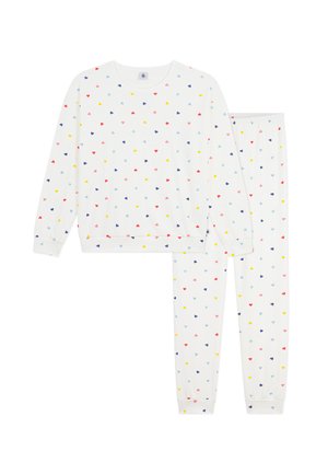 Leichtes weißes Pyjama-Set mit langärmeligem Oberteil und Hose, verziert mit einem mehrfarbigen Herzmuster. Weiche Textur, elastische Bündchen.