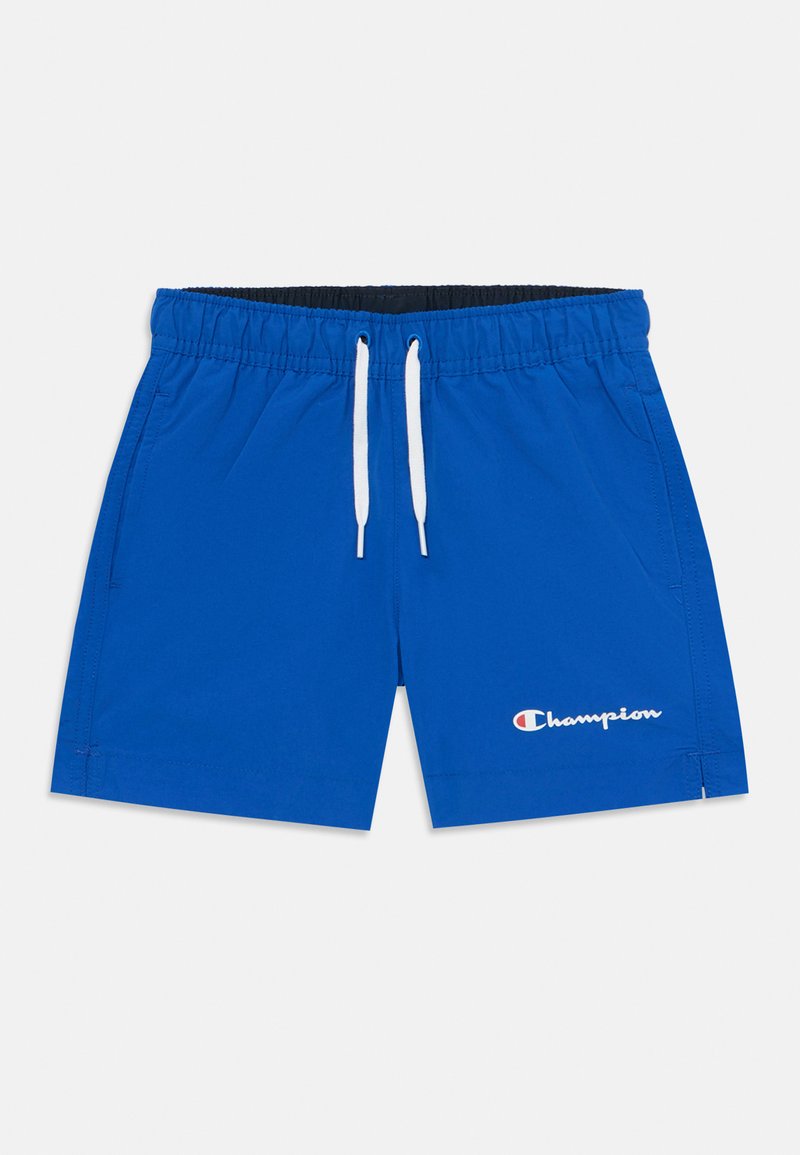 Μπλε σορτσάκια πισίνας από ελαφρύ ύφασμα με ελαστική μέση και λευκές κορδόνες. Διαθέτει ένα μικρό λογότυπο "Champion" σε λευκό χρώμα.