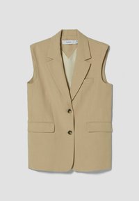Beżowy bezrękawnik, dopasowany krój z klapami, dwoma przednimi kieszeniami i dwoma guzikami. Gładka tekstura, niewyłożone wnętrze.