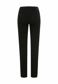 Pantalon en denim noir avec une coupe droite, doté de deux poches arrière et d'une texture lisse, agrémenté d'un détail discret à la taille.