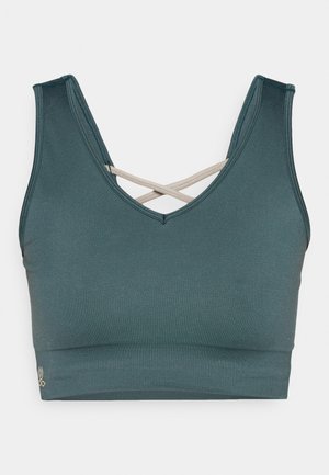 Tyrkysový športový podprsenka s V-štýlovým výstrihom a prekríženými ramienkami; vyrobená z hladkého, elastického materiálu s textúrovaným pásom na spodnej časti.