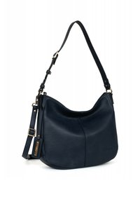 Navy leather shoulder bag with a curved shape; features a detachable, adjustable strap and gold-tone hardware accents. Smooth texture.
