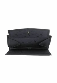 Portefeuille en tissu noir ouvert montrant plusieurs compartiments, emplacements pour cartes et une fermeture par bouton pression à l'intérieur.