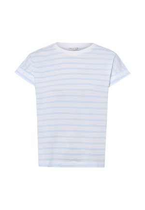 Biała koszulka z krótkim rękawem z jasnoniebieskimi poziomymi paskami i okrągłym dekoltem.