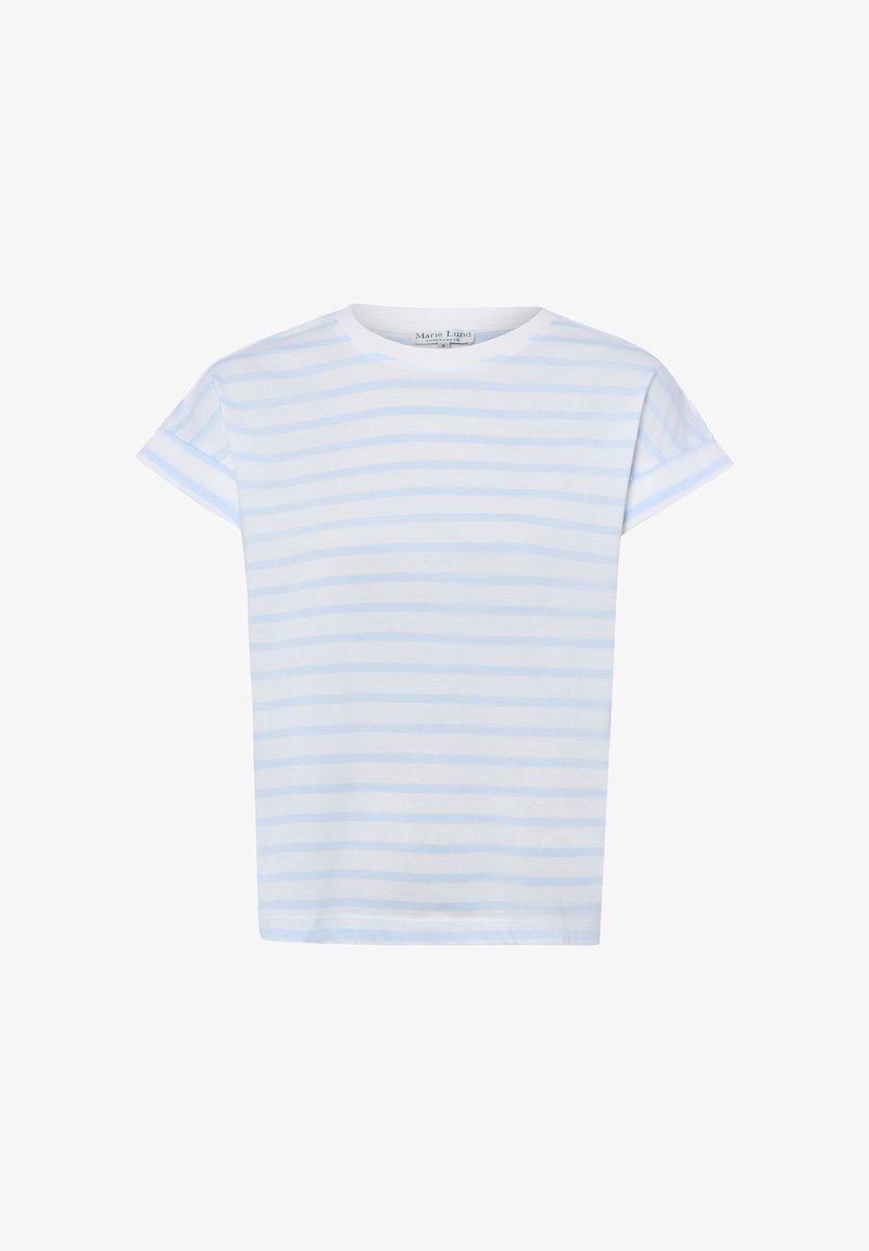 Biała koszulka z krótkim rękawem z jasnoniebieskimi poziomymi paskami i okrągłym dekoltem.