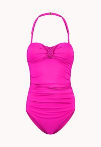 Roze badpak met een gevlochten detail in het midden, verstelbare bandjes, gerimpelde stof en een gladde textuur.