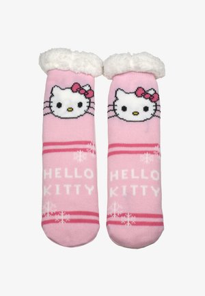 Rosa Hello Kitty Socken mit einem flauschigen weißen Bündchen, bedrucktem Gesichtsmotiv und dem weißen Schriftzug "HELLO KITTY", akzentuiert durch pinke Streifen.