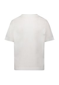 Weißes Baumwoll-T-Shirt, kurze Ärmel, Rundhalsausschnitt, glatte Textur, kastige Form und keine sichtbaren Grafiken oder Akzente auf der Rückseite.