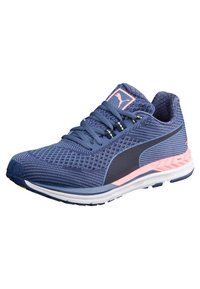 Scarpa sportiva da uomo in rete blu navy con dettagli rosa; presenta un collare imbottito, un vamp in texture e una suola in gomma per una maggiore aderenza.