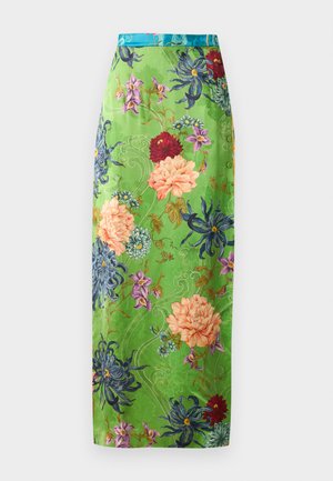 Blomster midi nederdel i grøn satin, med farverige blomstermotiver i pink, blå og rød. Afsluttet med en teal talje og intrikate mønstre.