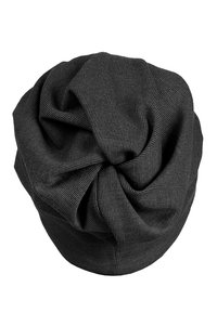 Black striped fabric hat featuring a twisted design at the top and a snug fit. The texture appears soft and slightly stretchy.