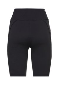 Schwarze Sportshorts mit breitem Bund, Seitentaschen und glattem, dehnbarem Stoff mit Flachnähten für hohen Tragekomfort.