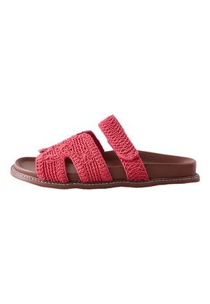 Slide sandal med mørkebrun sål og to justerbare lyse røde vævede stofremme over foden.