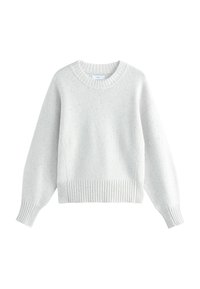 Light gray knit sweater with a round neckline, ribbed cuffs, and hem. Features a speckled texture. Loose-fitting design with drop shoulders.