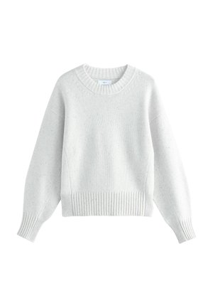 Light gray knit sweater with a round neckline, ribbed cuffs, and hem. Features a speckled texture. Loose-fitting design with drop shoulders.