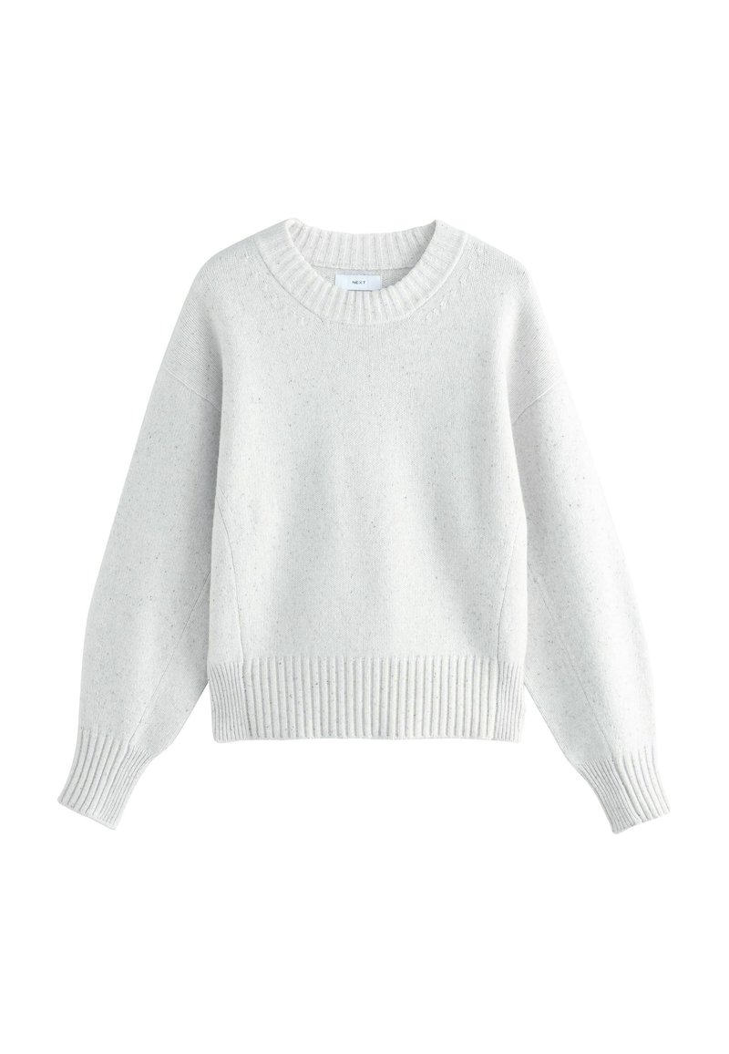 Hellgrauer Strickpullover mit Rundhalsausschnitt, gerippten Bündchen und Saum. Verfügt über eine gesprenkelte Textur. Lockerer Schnitt mit überschnittenen Schultern.