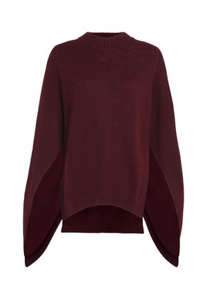 Pullover lavorato a maglia borgogna con una vestibilità morbida, collo a costine e maniche drappate. Caratterizzato da un orlo alto-basso e una texture morbida.