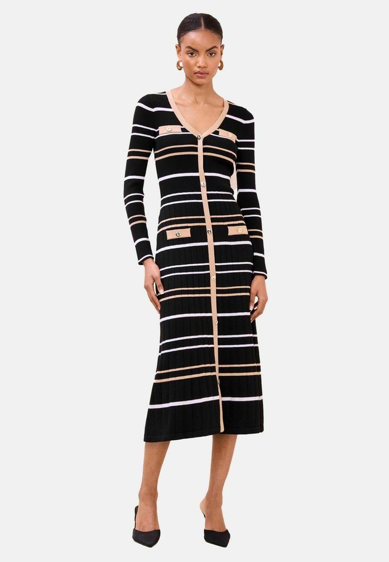 Black, ribbed midi dress with colorful horizontal stripes, v-neckline, long sleeves, and button details. Features two front pockets.
