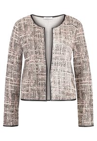 Teksturowana marynarka w odcieniach różowym, szarym i czarnym. Posiada okrągły dekolt, długie rękawy, dwukolorowy wzór materiału oraz zamek z przodu.
