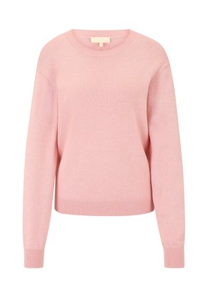 Lichtroze gebreide trui met een ronde hals, geribbelde manchetten en zoom. Beschikt over lange mouwen en een eenvoudig ontwerp zonder patronen of versieringen.