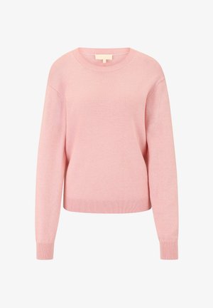 Lichtroze gebreide trui met een ronde hals, geribbelde manchetten en zoom. Beschikt over lange mouwen en een eenvoudig ontwerp zonder patronen of versieringen.