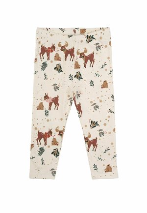 Leggings made of soft fabric, featuring a light beige background with a colorful print of deer, rabbits, and foliage patterns.