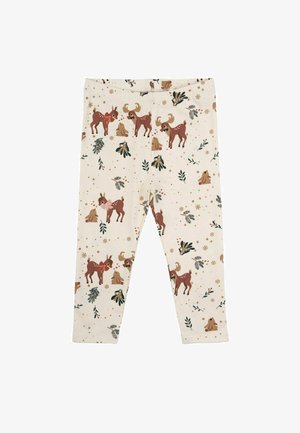 Leggingi izrađeni od mekog materijala, s svijetlo bež pozadinom i šarenim uzorkom jelena, zeca i biljaka.