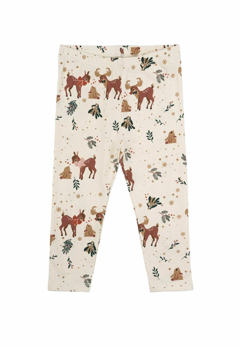 Leggings van een zachte stof, met een lichtbeige achtergrond en een kleurrijke print van herten, konijnen en loofpatronen.