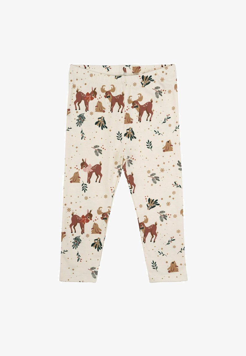 Leggingi izrađeni od mekog materijala, s svijetlo bež pozadinom i šarenim uzorkom jelena, zeca i biljaka.