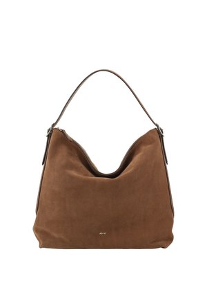 Brown suede shoulder bag with a single strap and silver zipper details on a white background.