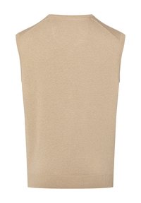 Beiger ärmelloser Pullover aus weichem Strickstoff mit feiner Textur. Verfügt über einen runden Ausschnitt und einen gerippten Saum. Sauberes und schlichtes Design.